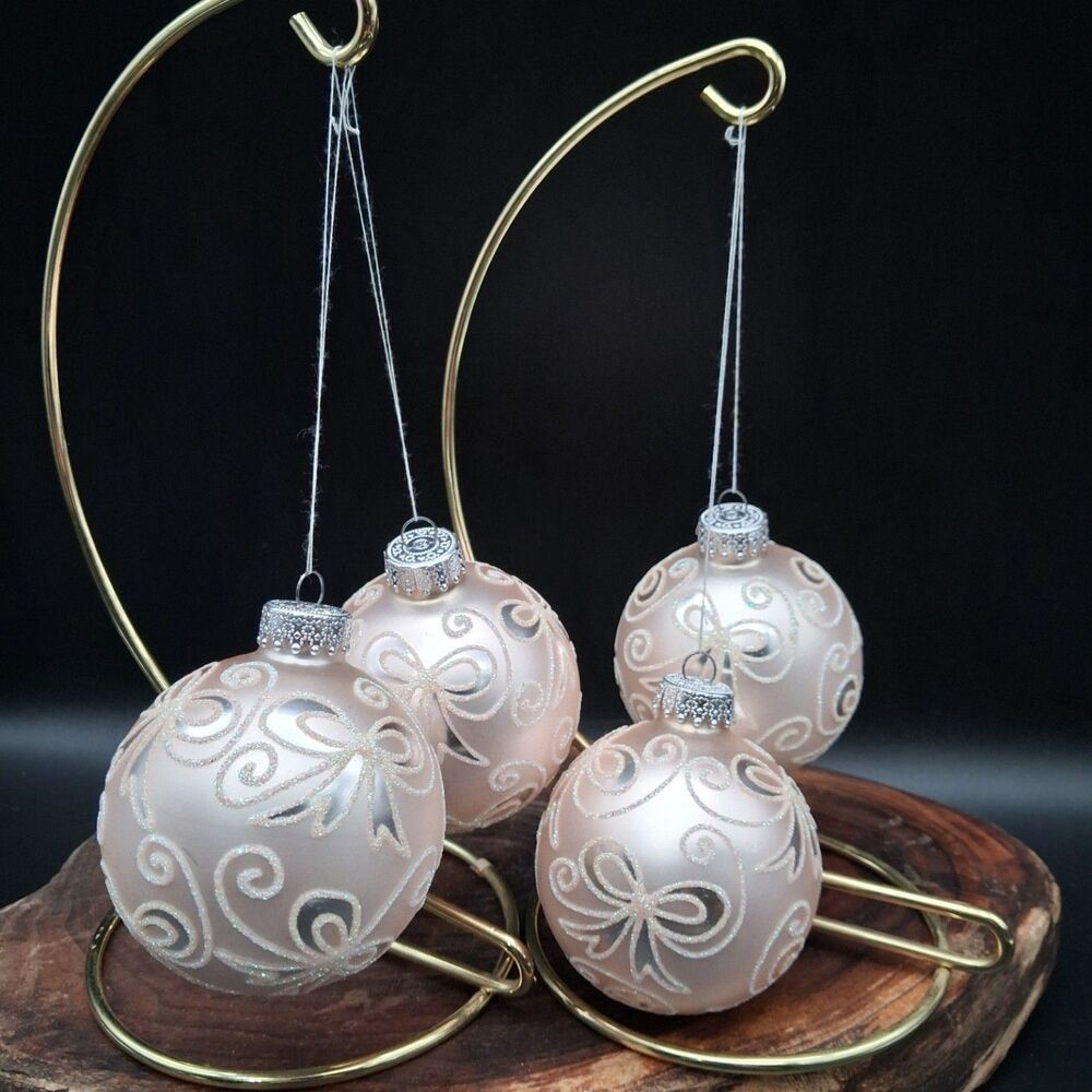 Set 4 Pink Pearl Plastic Christmas Ball Ornaments Silver Glitter Bows 3"